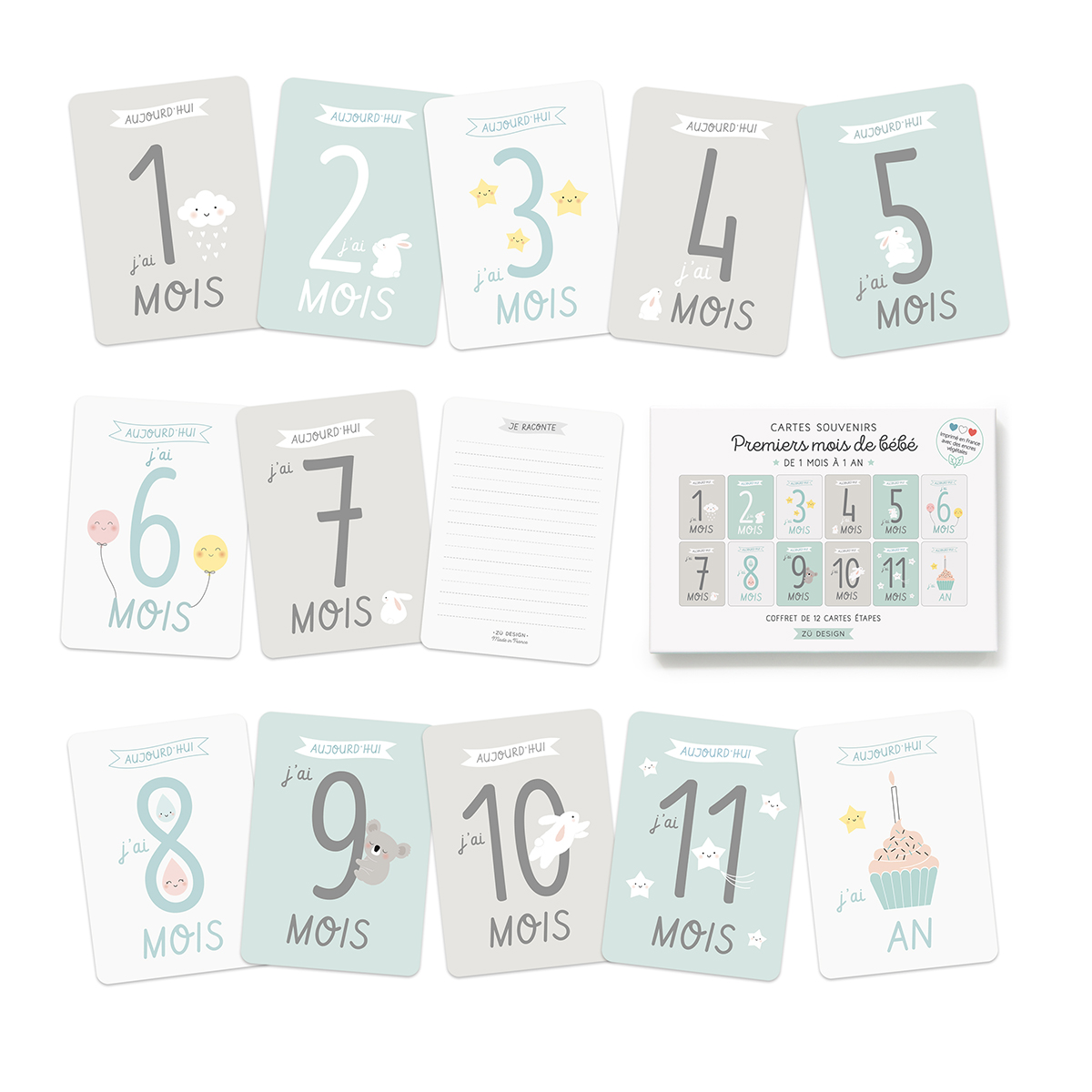 Cartes étapes premiers mois pour bébé, imprimé en France - Zü