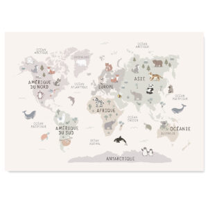 affiche de carte du monde des animaux de Zü boutique cadeaux de naissance bébé