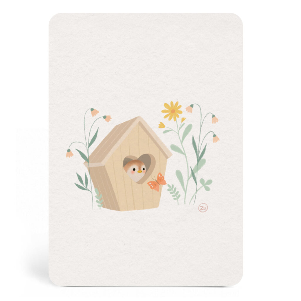 Carte moineau dans sa cabane