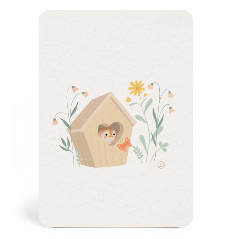 Carte moineau dans sa cabane