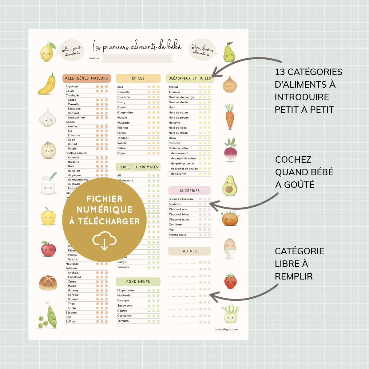 Fiche Premiers aliments de bébé à imprimer • Zü - Boutique